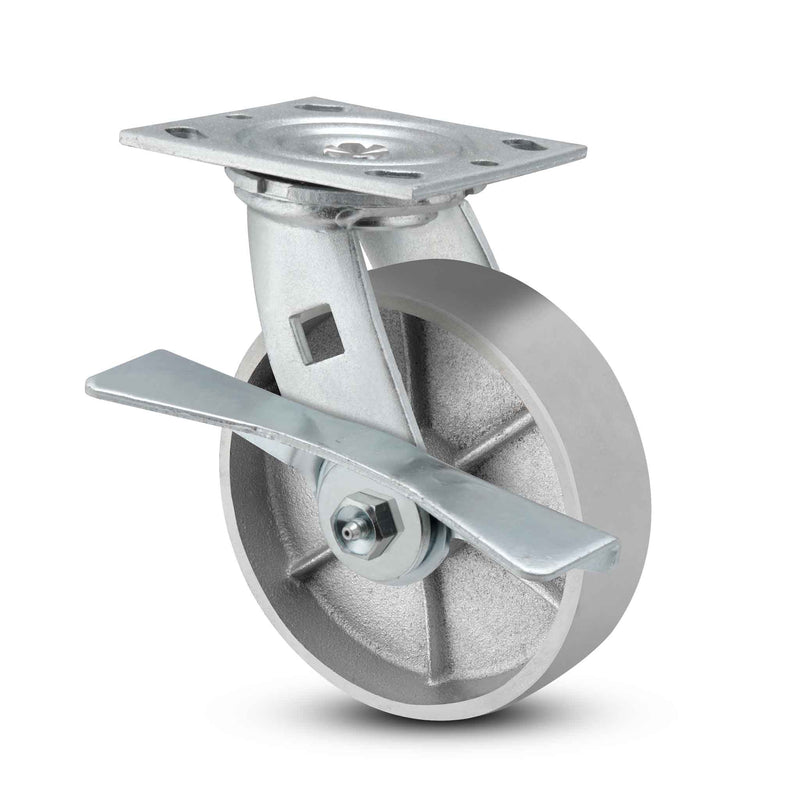 Main view of a Pemco Casters 6" x 2" wide wheel Swivel caster with 4" x 4-1/2" top plate, with a side locking brake, Cast Iron wheel and 1200 lb. capacity part