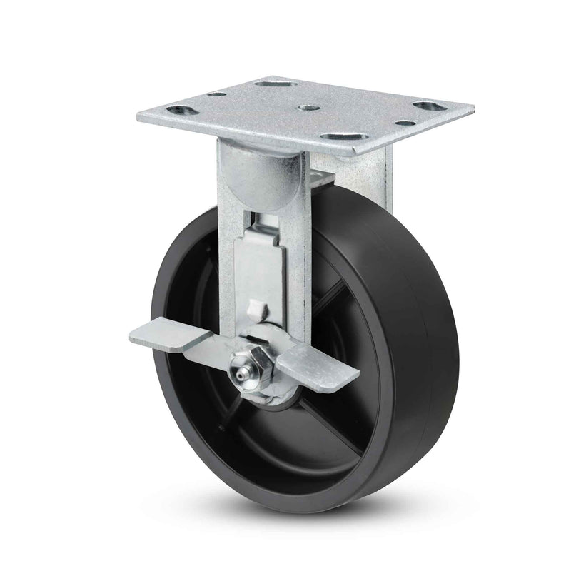 Main view of a Pemco Casters 4" x 2" wide wheel Rigid caster with 4" x 4-1/2" top plate, with a side locking brake, Polypropylene HD wheel and 500 lb. capacity part