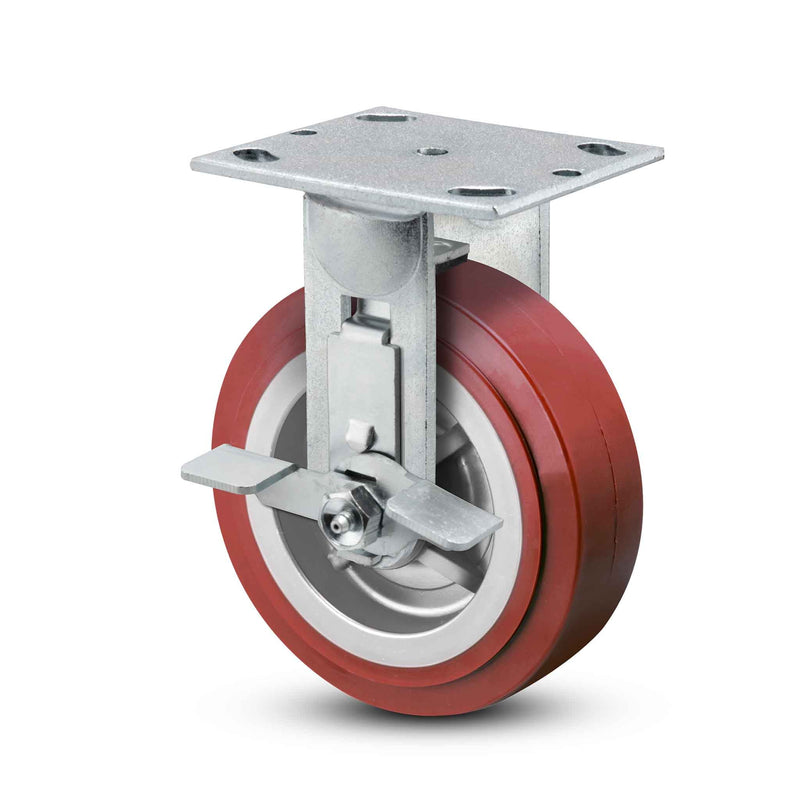 Main view of a Pemco Casters 6" x 2" wide wheel Rigid caster with 4" x 4-1/2" top plate, with a side locking brake, Thermo-Urethane wheel and 720 lb. capacity part