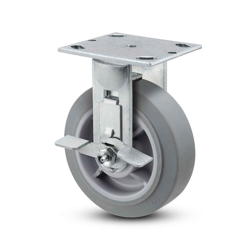 Main view of a Pemco Casters 6" x 2" wide wheel Rigid caster with 4" x 4-1/2" top plate, with a side locking brake, Thermo-Rubber (Flat) wheel and 500 lb. capacity part