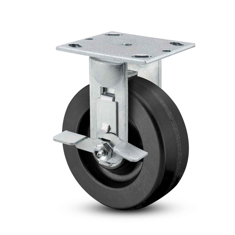 Main view of a Pemco Casters 8" x 2" wide wheel Rigid caster with 4" x 4-1/2" top plate, with a side locking brake, Phenolic wheel and 1250 lb. capacity part