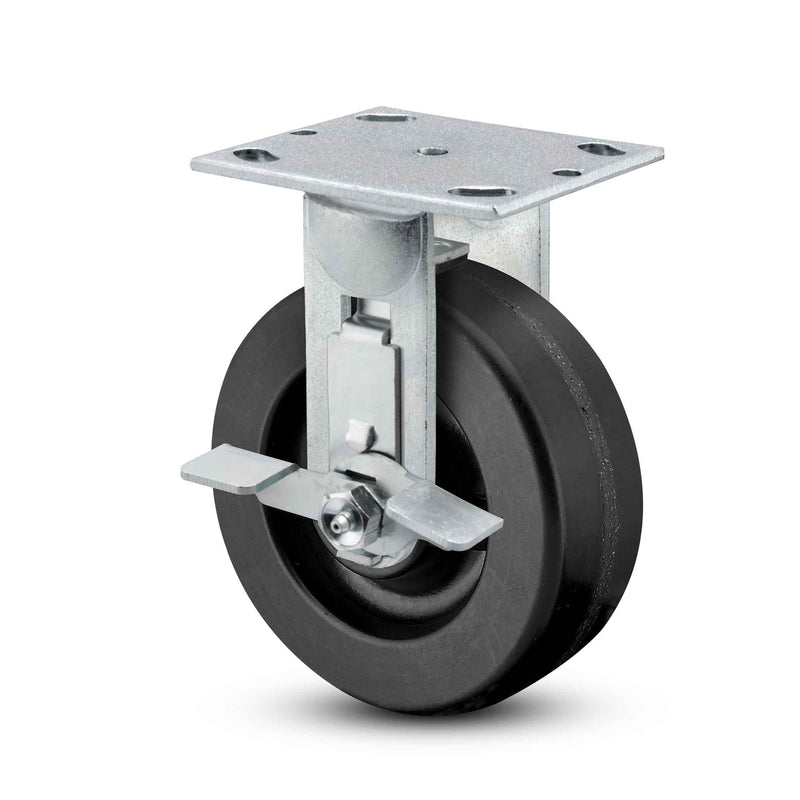 Main view of a Pemco Casters 6" x 2" wide wheel Rigid caster with 4" x 4-1/2" top plate, with a side locking brake, Phenolic wheel and 1200 lb. capacity part