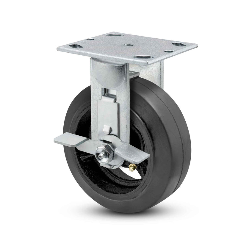 Main view of a Pemco Casters 6" x 2" wide wheel Rigid caster with 4" x 4-1/2" top plate, with a side locking brake, Mold-on Rubber wheel and 550 lb. capacity part