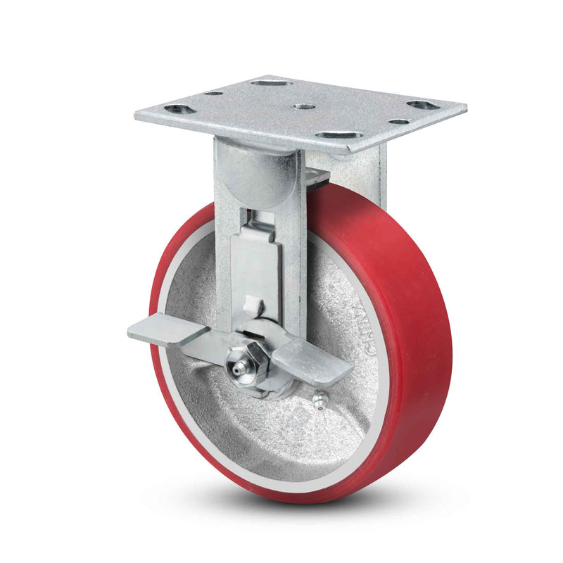 Main view of a Pemco Casters 8" x 2" wide wheel Rigid caster with 4" x 4-1/2" top plate, with a side locking brake, Mold-on Poly wheel and 1250 lb. capacity part
