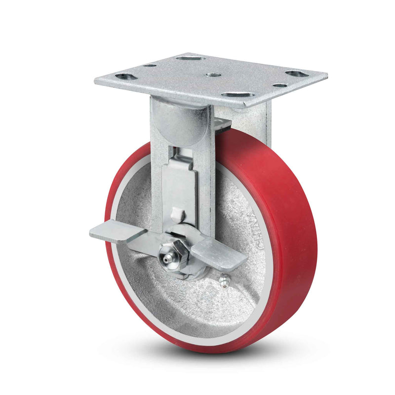 Main view of a Pemco Casters 5" x 2" wide wheel Rigid caster with 4" x 4-1/2" top plate, with a side locking brake, Mold-on Poly wheel and 1100 lb. capacity part