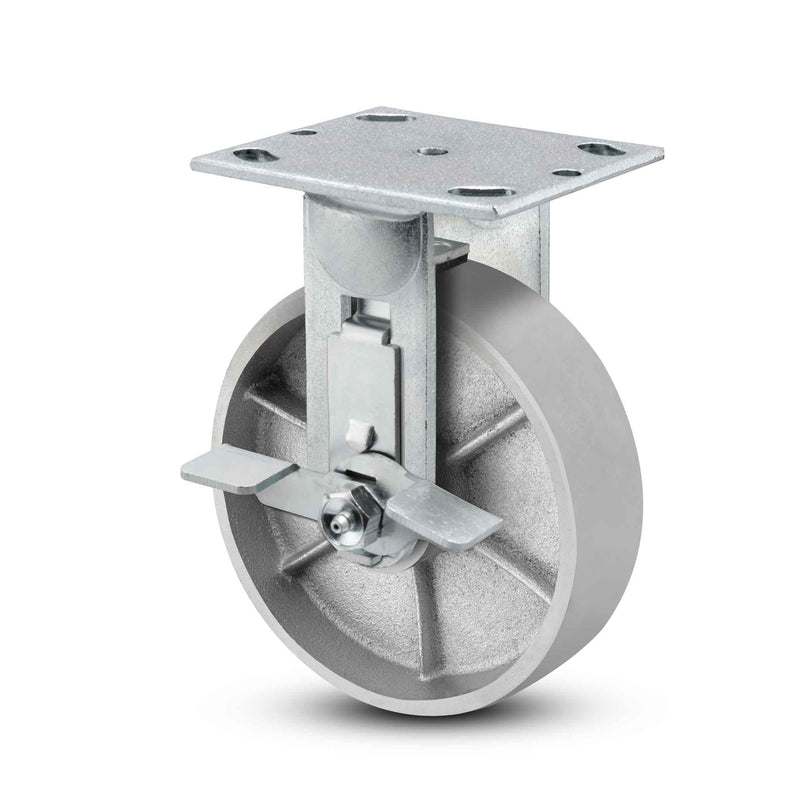 Main view of a Pemco Casters 6" x 2" wide wheel Rigid caster with 4" x 4-1/2" top plate, with a side locking brake, Cast Iron wheel and 1200 lb. capacity part
