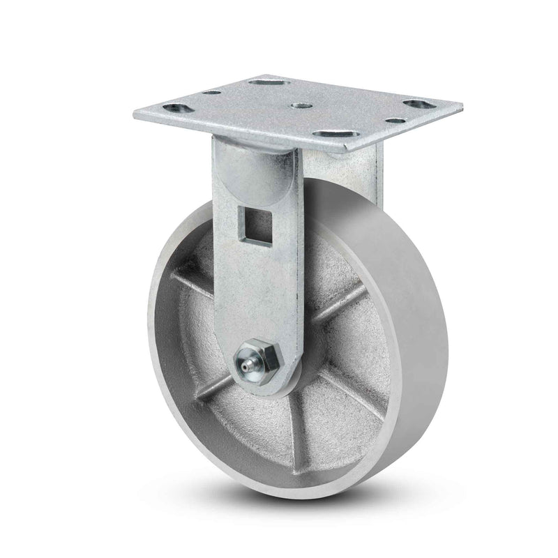 Main view of a Pemco Casters 8" x 2" wide wheel Rigid caster with 4" x 4-1/2" top plate, without a brake, Cast Iron wheel and 1250 lb. capacity part