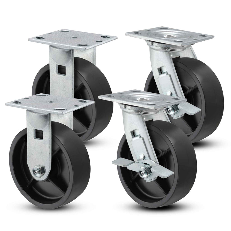 Main view of a Pemco Casters 5" x 2" wide wheels Kits caster with 4" x 4-1/2" top plate, with a side locking brake, Polypropylene HD wheel and 2400 lb. total capacity part