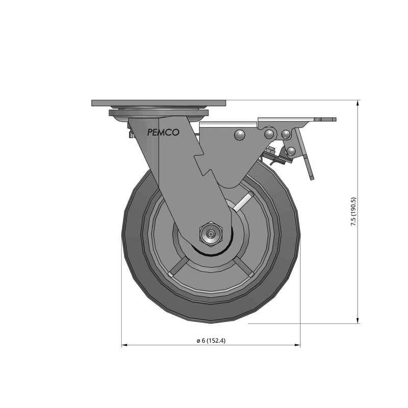 Front dimensioned CAD view of a Pemco Casters 6" x 2" wide wheel Swivel caster with 4" x 4-1/2" top plate, with a top total locking brake, Thermo-Rubber (Flat) wheel and 500 lb. capacity part