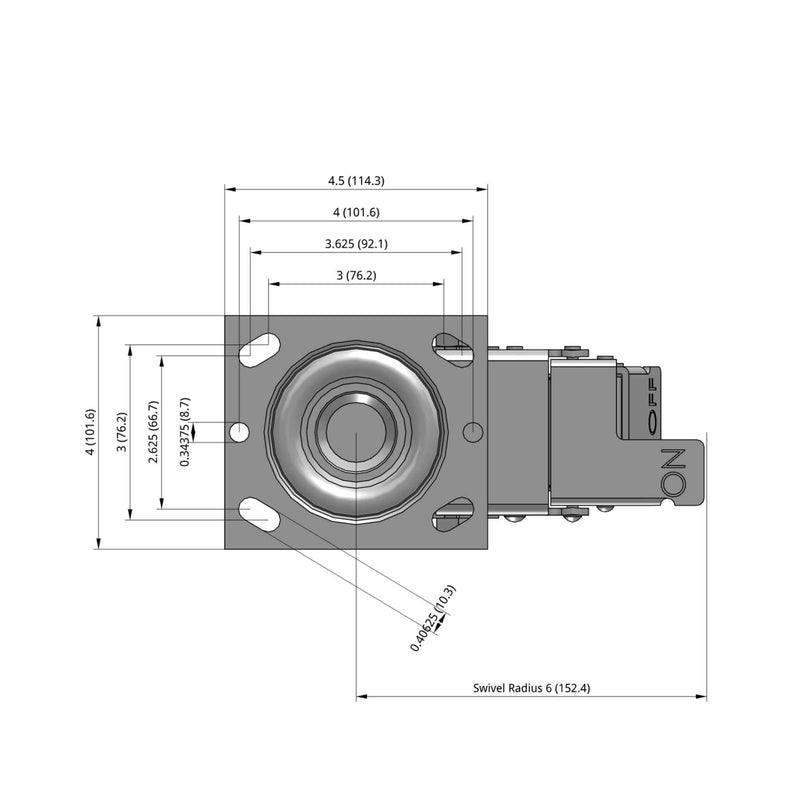 Top dimensioned CAD view of a Pemco Casters 6" x 2" wide wheel Swivel caster with 4" x 4-1/2" top plate, with a top total locking brake, Thermo-Rubber (Flat) wheel and 500 lb. capacity part