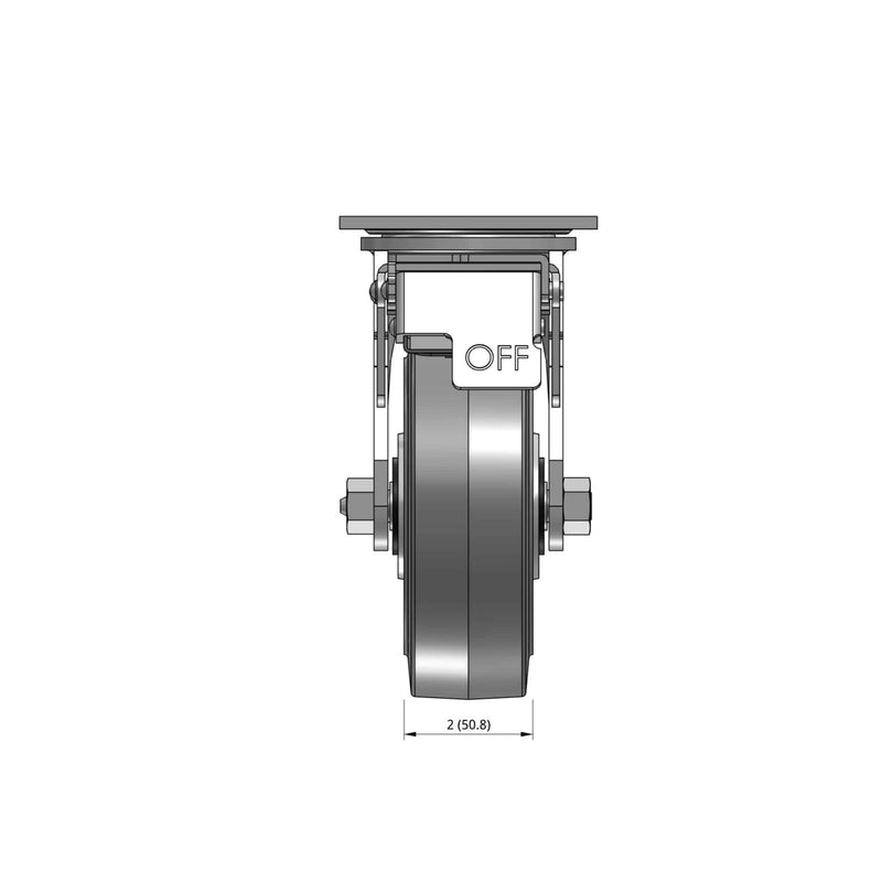 Side dimensioned CAD view of a Pemco Casters 6" x 2" wide wheel Swivel caster with 4" x 4-1/2" top plate, with a top total locking brake, Thermo-Rubber (Flat) wheel and 500 lb. capacity part