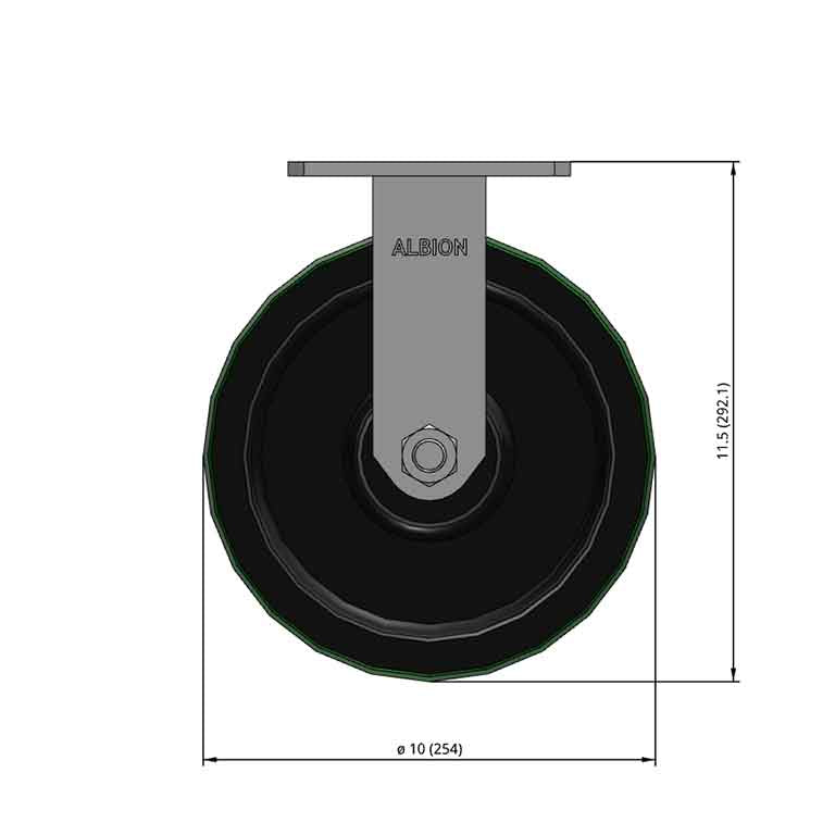 Front dimensioned CAD view of an Albion Casters 10" x 3" wide wheel Rigid caster with 6-1/4'' x 4-1/2'' top plate, without a brake, PY - Polyurethane (Cast Iron Core) wheel and 3000 lb. capacity part