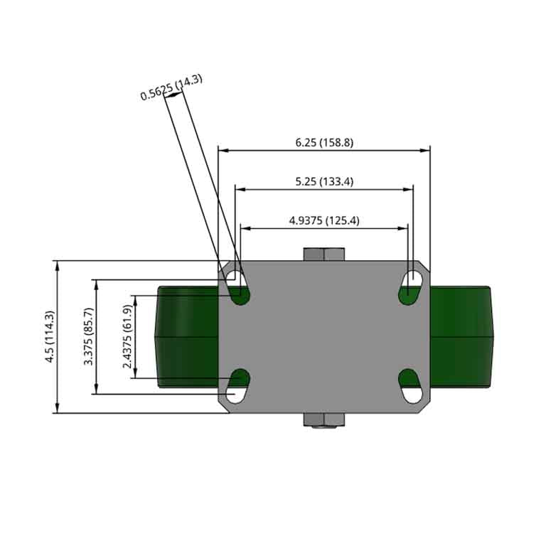 Side dimensioned CAD view of an Albion Casters 10" x 3" wide wheel Rigid caster with 6-1/4'' x 4-1/2'' top plate, without a brake, PY - Polyurethane (Cast Iron Core) wheel and 3000 lb. capacity part