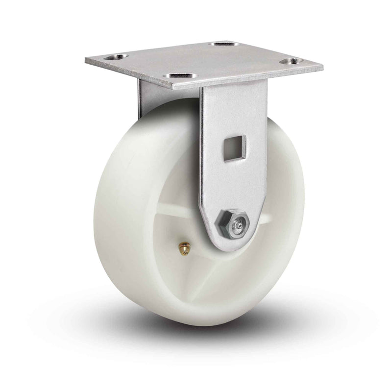 Value Stainless 8"x2" White Nylon Delrin Bearing Rigid Caster with 4"x4.5" Plate
