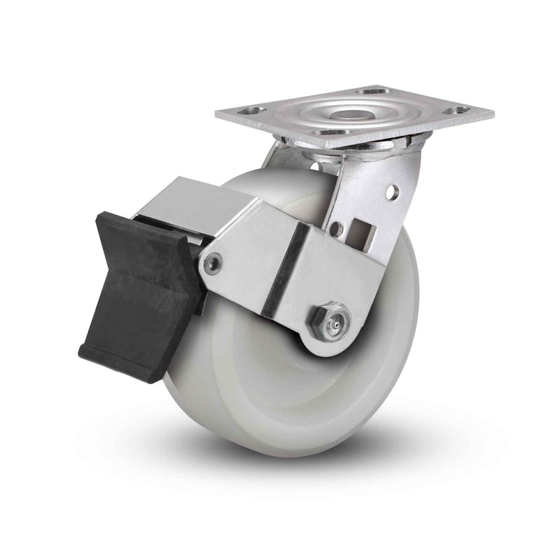 Value Stainless 4"x2" White Nylon Delrin Bearing Caster with Top Lock and 4"x4.5" Plate