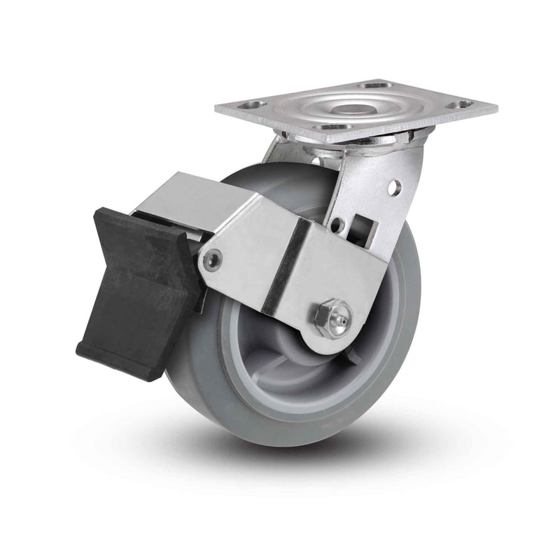 Value Stainless 5"x2" Thermo-Rubber (Flat) Delrin Bearing Caster with Top Lock and 4"x4.5" Plate