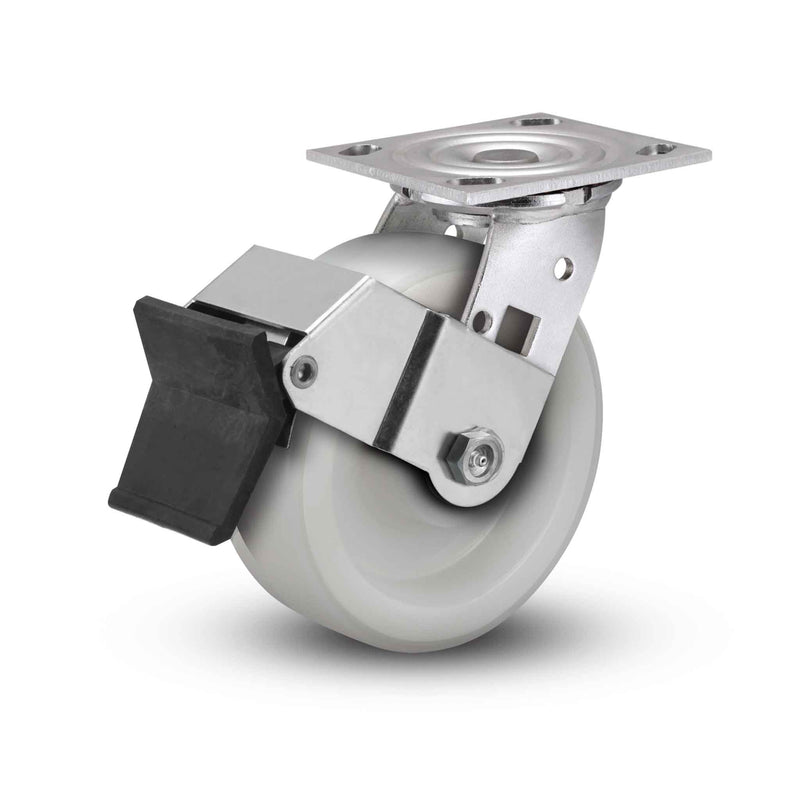 Value Stainless 5"x2" White Nylon Delrin Bearing Caster with Top Lock and 4"x4.5" Plate
