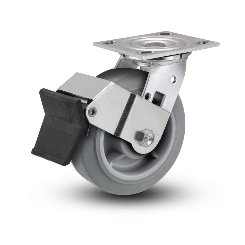 Value Stainless 6"x2" Thermo-Rubber (Flat) Precision Ball Bearing Caster with Top Lock and 4"x4.5" Plate