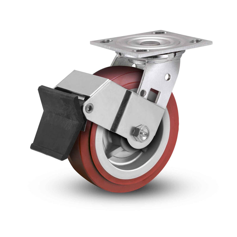 Value Stainless 6"x2" Thermo-Urethane Precision Ball Bearing Caster with Top Lock and 4"x4.5" Plate