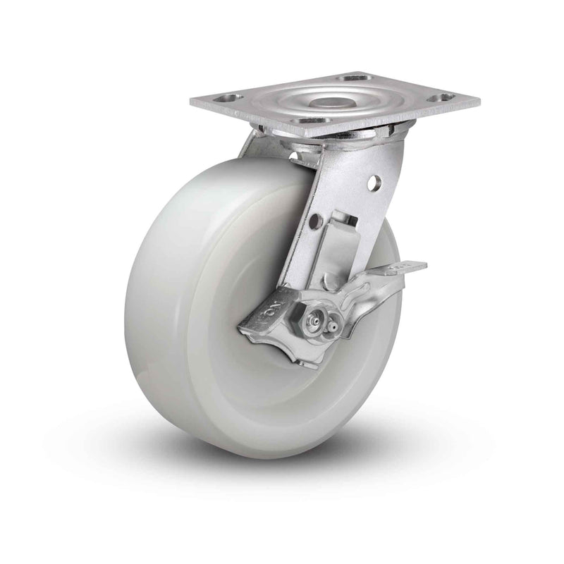 Value Stainless 6"x2" White Nylon Precision Ball Bearing Side-Lock Caster with 4"x4.5" Plate