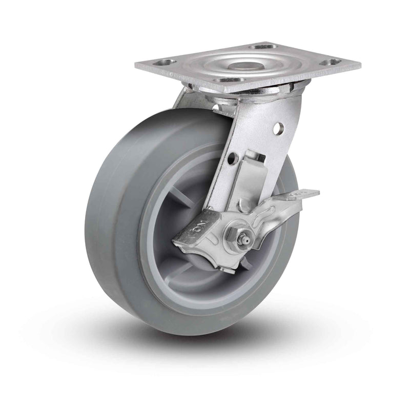 Value Stainless 8"x2" Thermo-Rubber (Flat) Precision Ball Bearing Side-Lock Caster with 4"x4.5" Plate