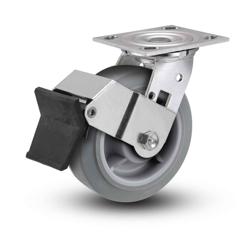 Value Stainless 8"x2" Thermo-Rubber (Flat) Precision Ball Bearing Caster with Top Lock and 4"x4.5" Plate