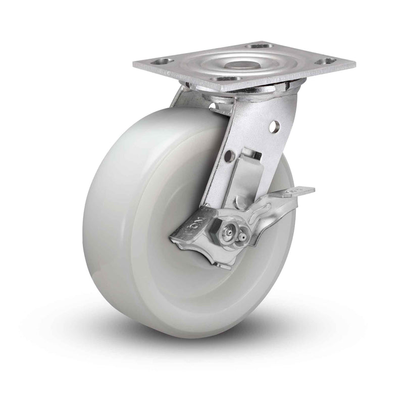 Value Stainless 8"x2" White Nylon Precision Ball Bearing Side-Lock Caster with 4"x4.5" Plate