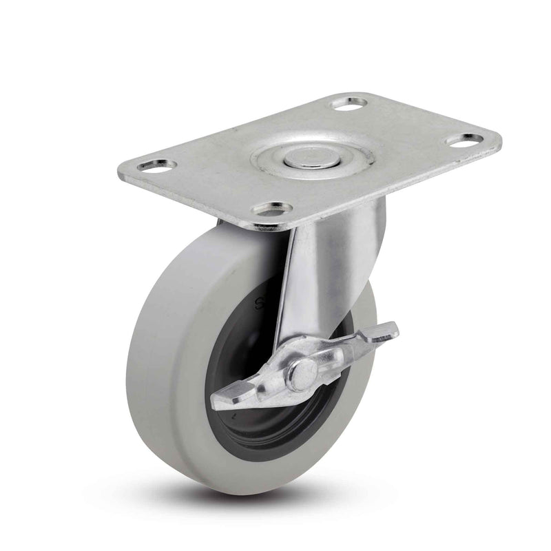 Main view of a Shepherd Casters 3" x 0.8125" wide wheel Swivel caster with 2-5/8" x 3-3/4" top plate, with a side locking brake, Thermoplastic Rubber wheel and 110 lb. capacity part