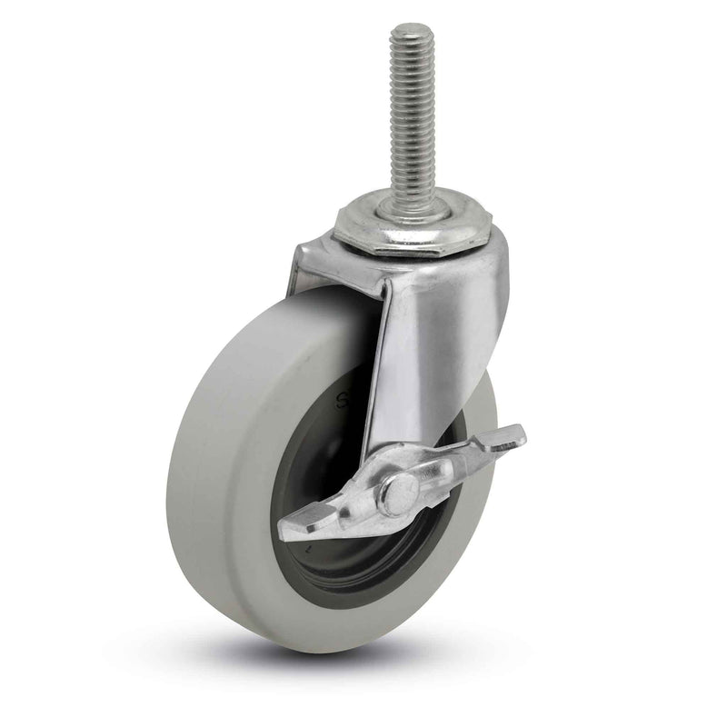 Main view of a Shepherd Casters 3" x 0.8125" wide wheel Swivel caster with 3/8"-16 x 1-1/2" stud, with a side locking brake, Thermoplastic Rubber wheel and 110 lb. capacity part