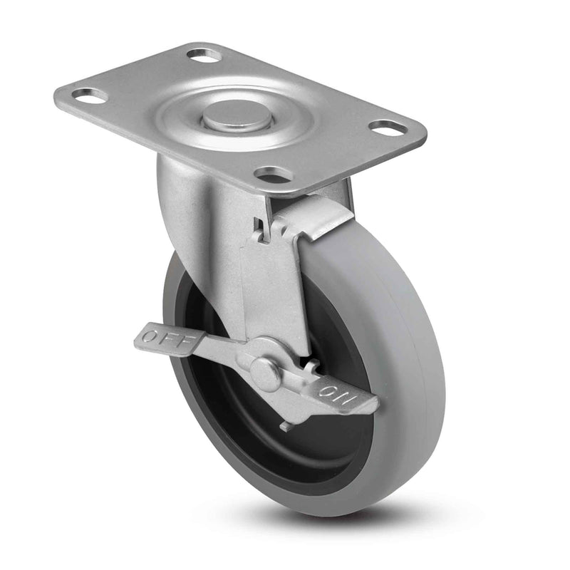 Main view of a Shepherd Casters 5" x 0.94" wide wheel Swivel caster with 2-5/8" x 3-3/4" top plate, with a side locking brake, Thermoplastic Rubber wheel and 130 lb. capacity part