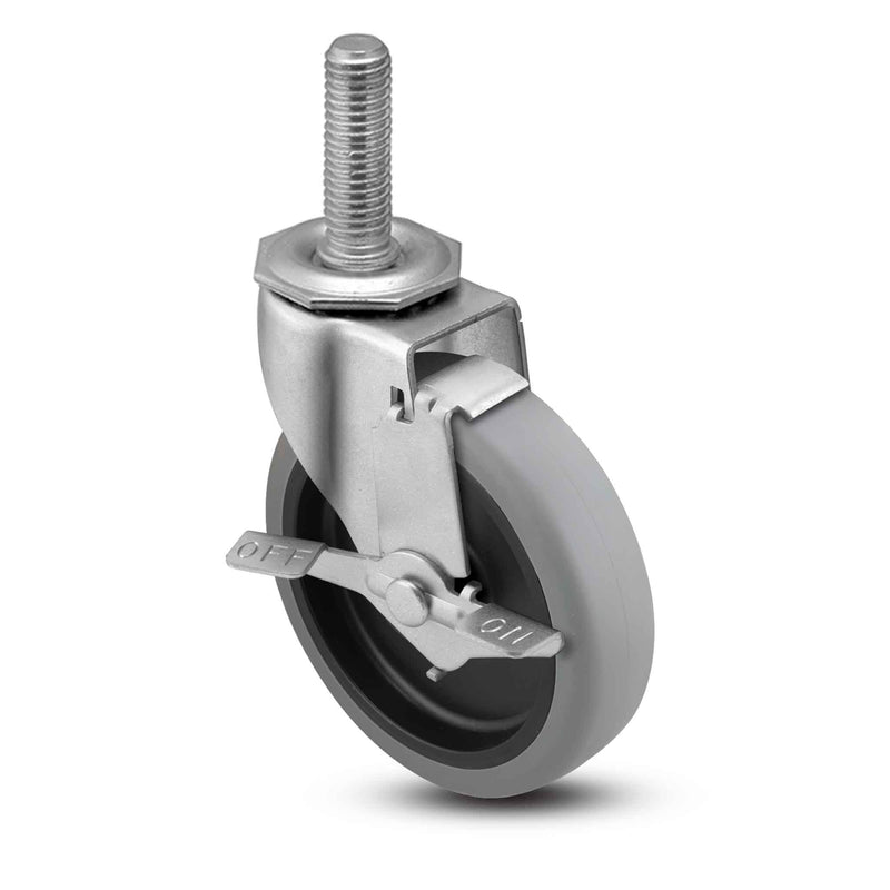 Main view of a Shepherd Casters 5" x 0.94" wide wheel Swivel caster with 1/2"-13 x 1-1/2" stud, with a side locking brake, Thermoplastic Rubber wheel and 130 lb. capacity part