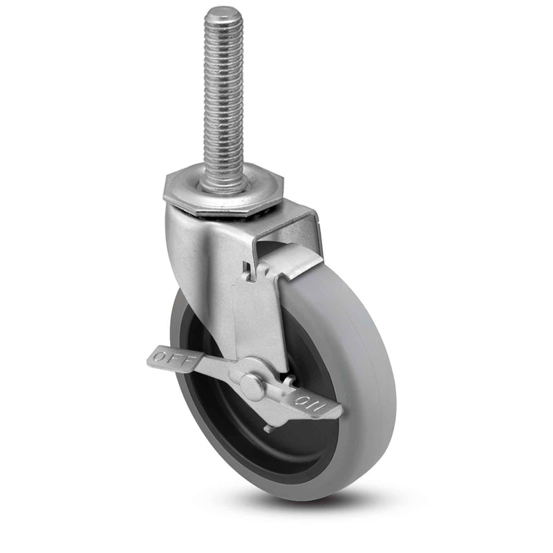 Main view of a Shepherd Casters 5" x 0.94" wide wheel Swivel caster with 7/16"-14 x 2-1/4" stud, with a side locking brake, Thermoplastic Rubber wheel and 130 lb. capacity part